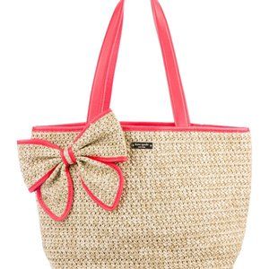 KATE SPADE NEW YORK Rumor Straw Tote Neutral Neon Orange Pink Beige Bow Accent